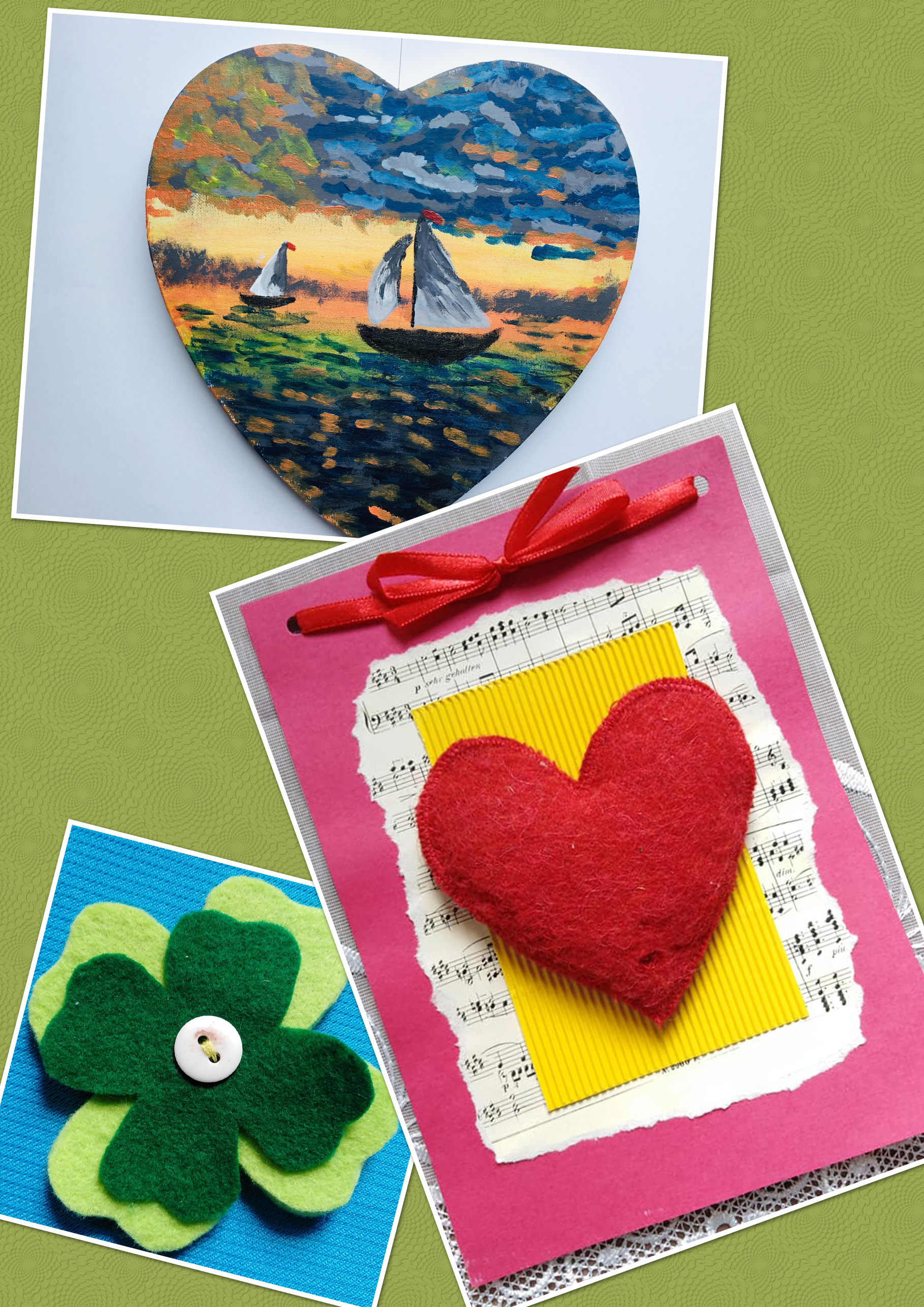 zestaw prac plastycznych: zielona koniczyna z filcu, laurka kartonowa z filcowym sercem, obrazek:żaglówka na jeziorze, zachód słońca